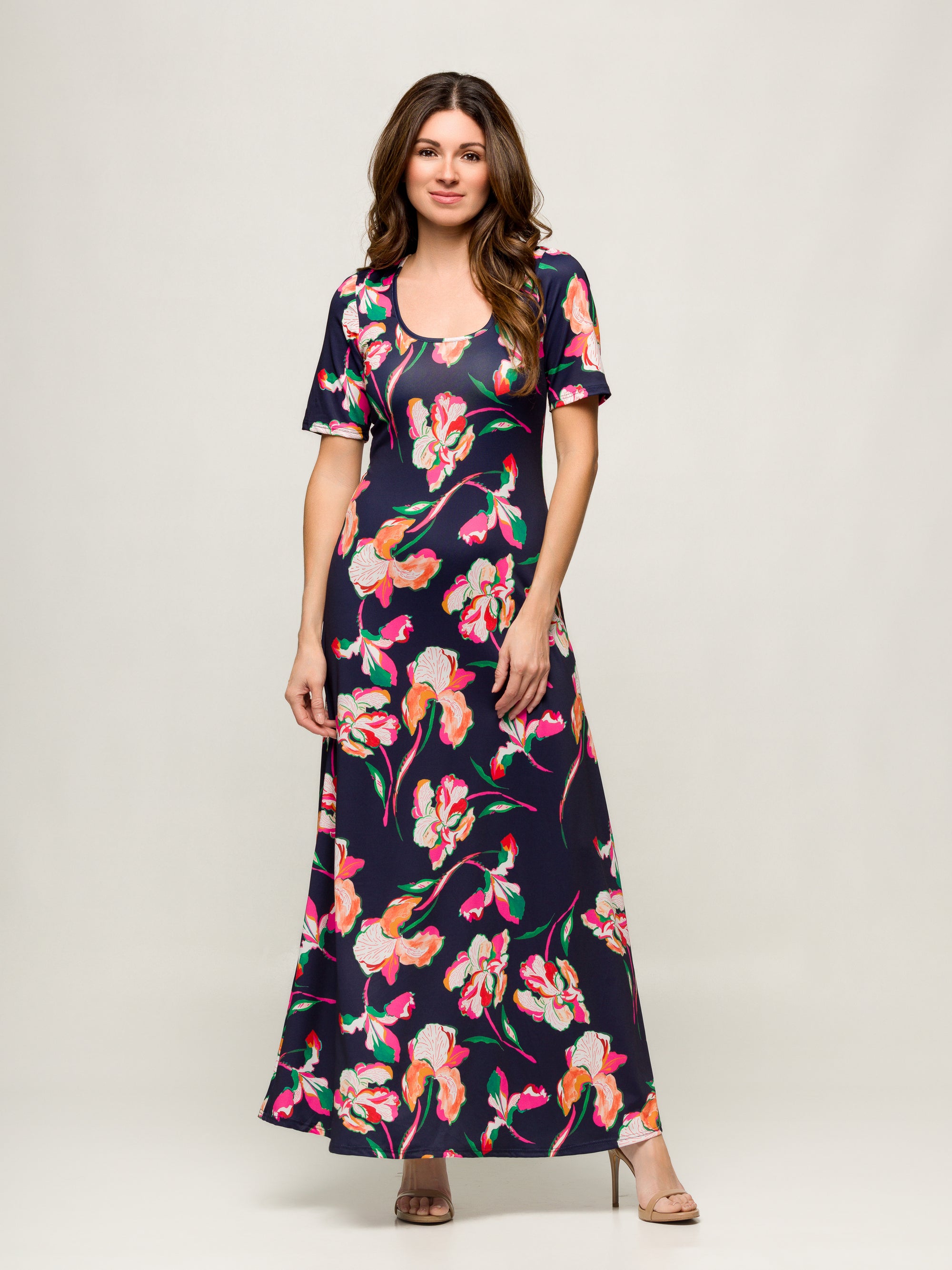 24seven Comfort Apparel Navy Floral Print Elbow Sleeve Casual A Line Maxi Dress