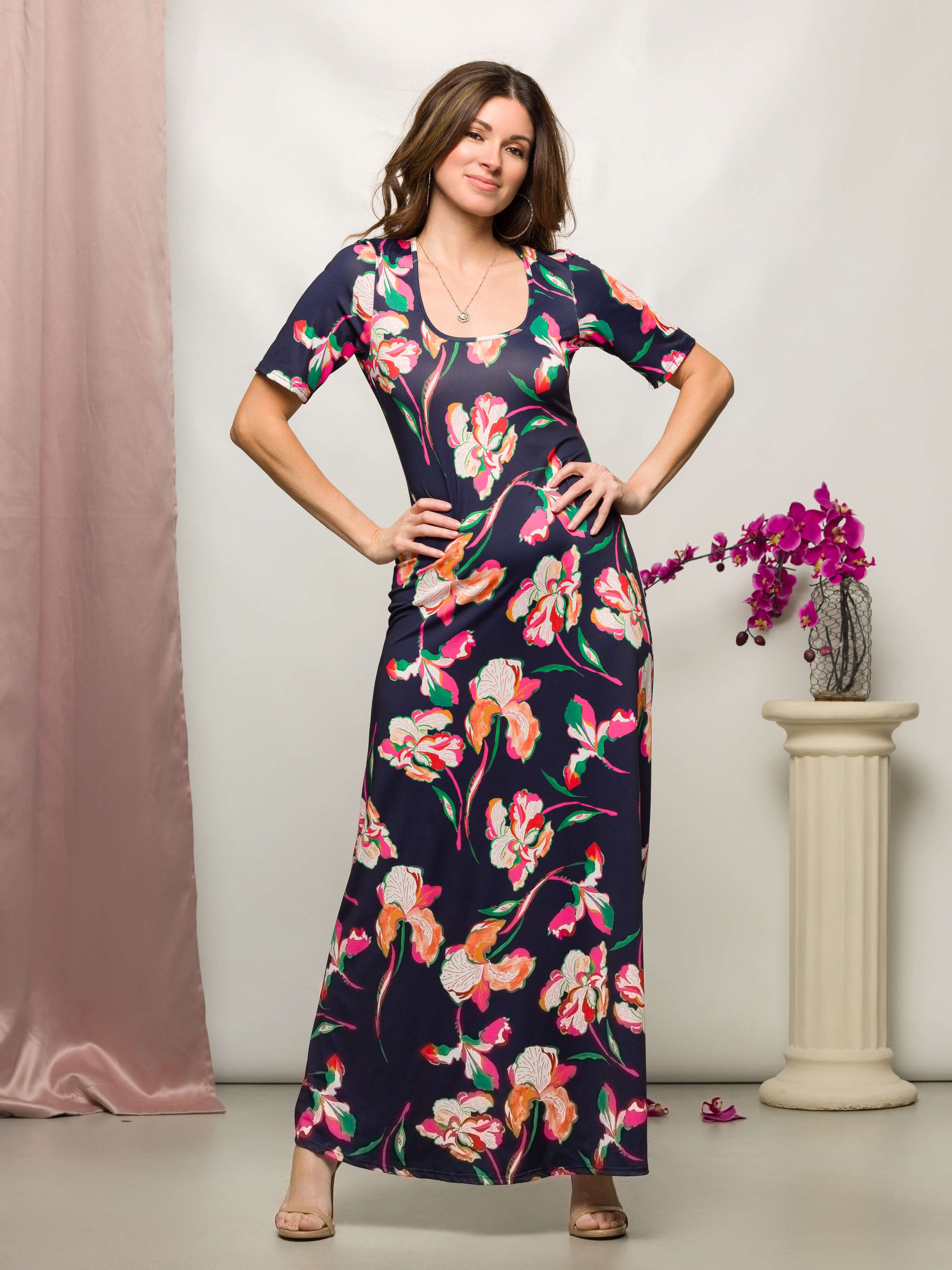 24seven Comfort Apparel Navy Floral Print Elbow Sleeve Casual A Line Maxi Dress