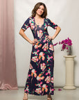 24seven Comfort Apparel Navy Floral Print Elbow Sleeve Casual A Line Maxi Dress