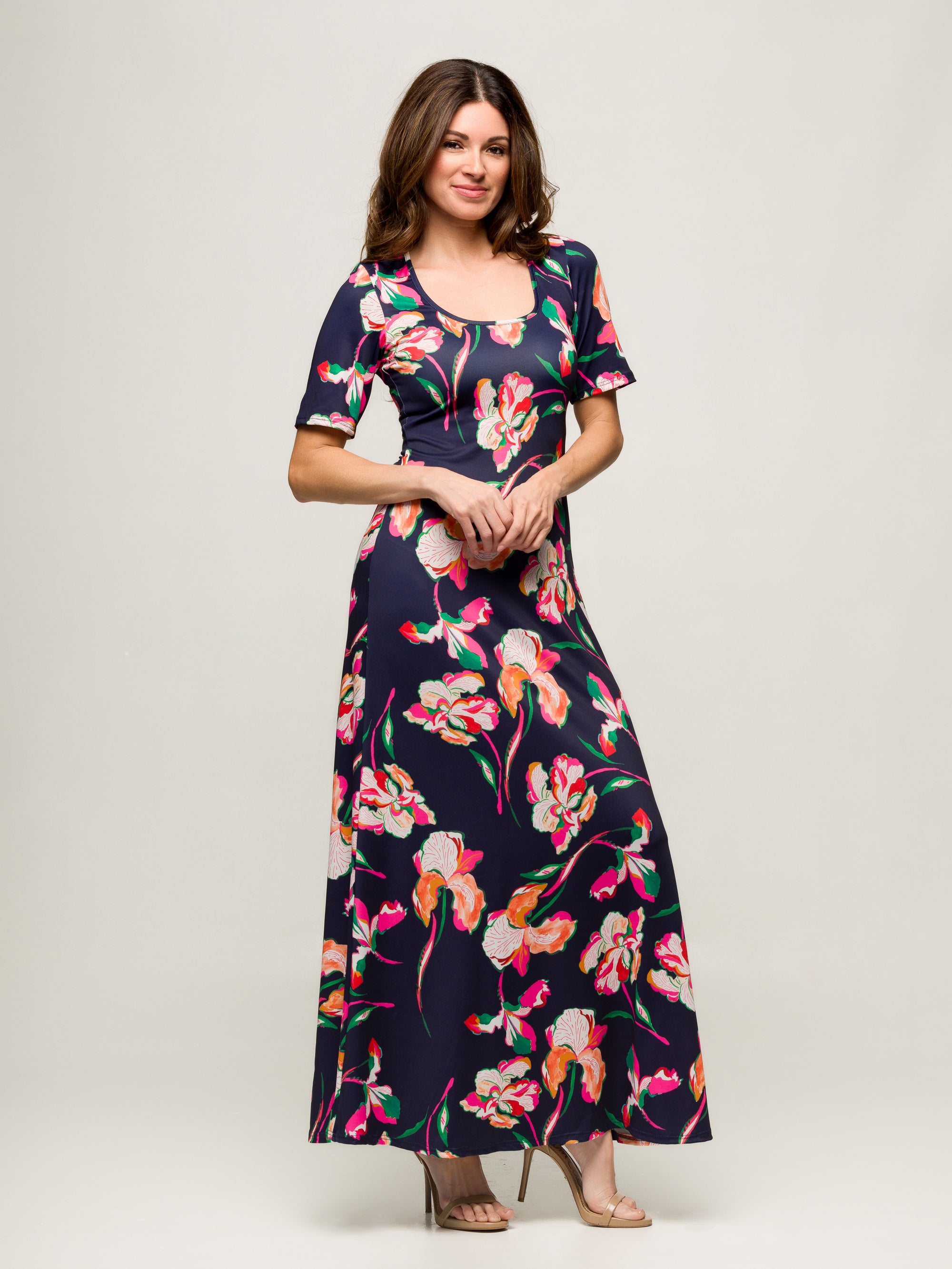 24seven Comfort Apparel Navy Floral Print Elbow Sleeve Casual A Line Maxi Dress