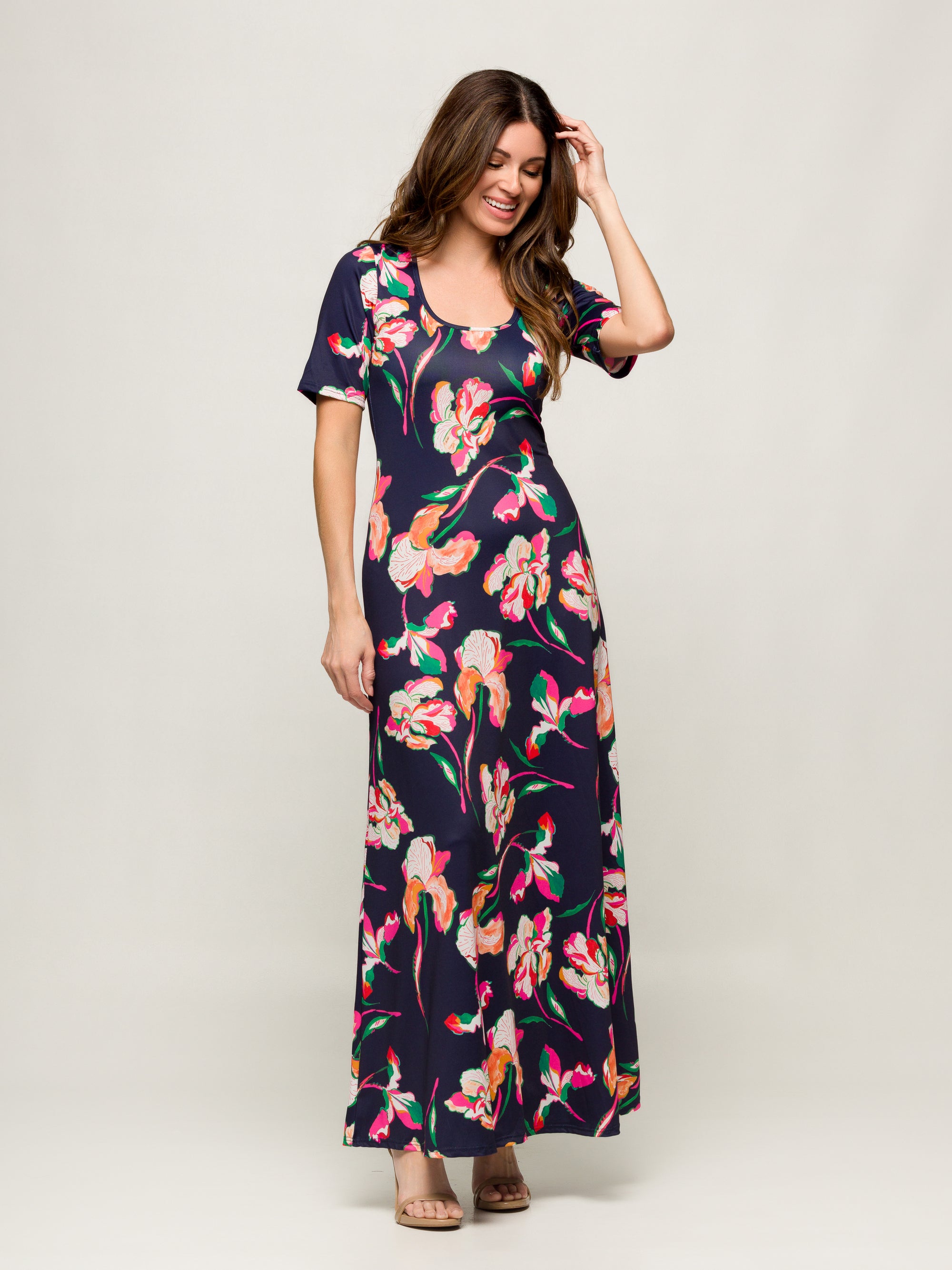24seven Comfort Apparel Navy Floral Print Elbow Sleeve Casual A Line Maxi Dress