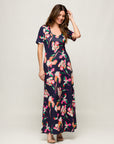 24seven Comfort Apparel Navy Floral Print Elbow Sleeve Casual A Line Maxi Dress