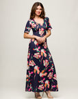 24seven Comfort Apparel Navy Floral Print Elbow Sleeve Casual A Line Maxi Dress