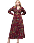 Wine Paisley Print Bishop Sleeve A Line Maxi Dress