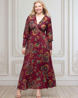 Wine Paisley Print Bishop Sleeve A Line Maxi Dress