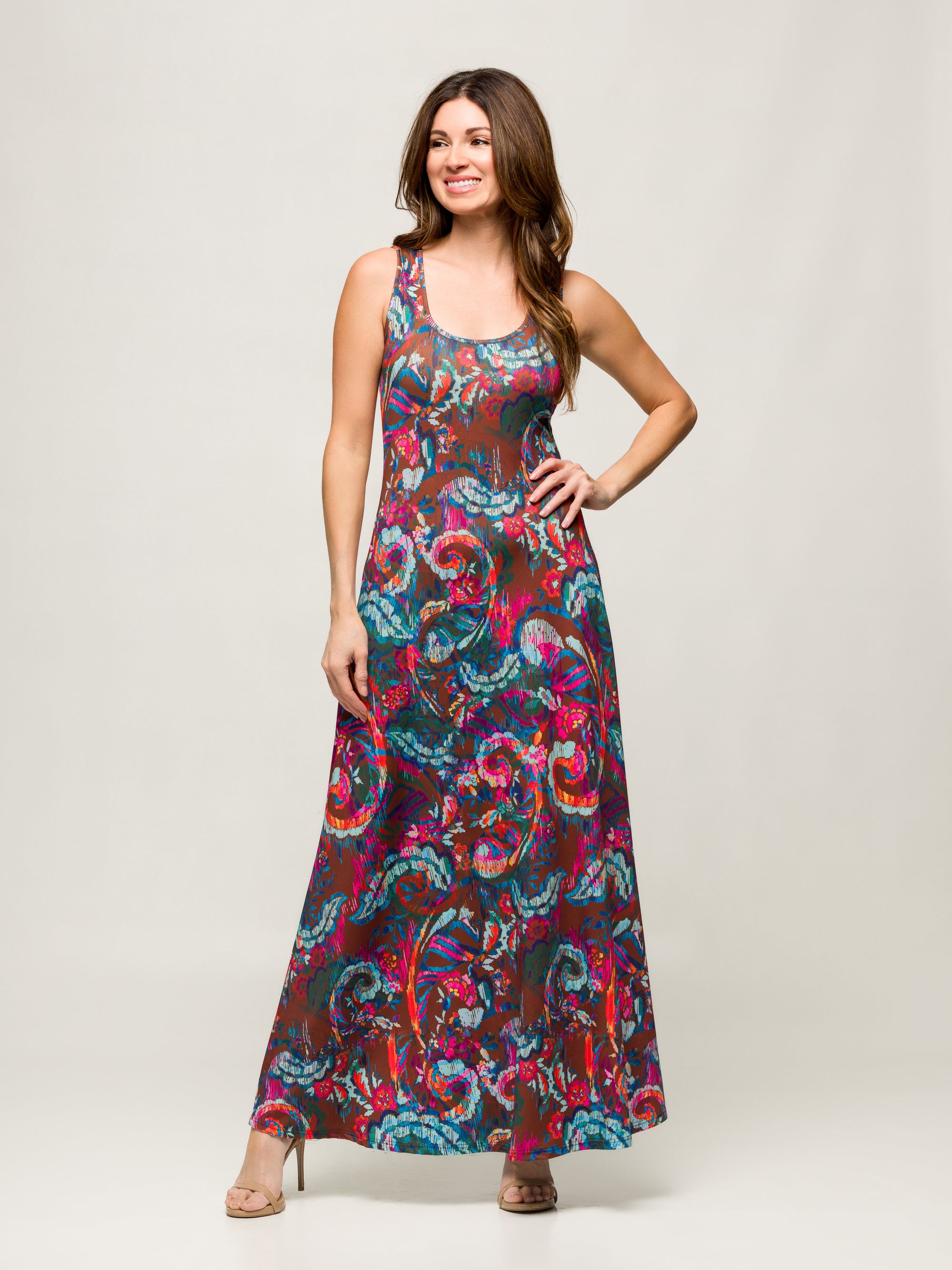 24seven Comfort Apparel Womens Pink and Brown Print Scoop Neck A Line Sleeveless Maxi Dress