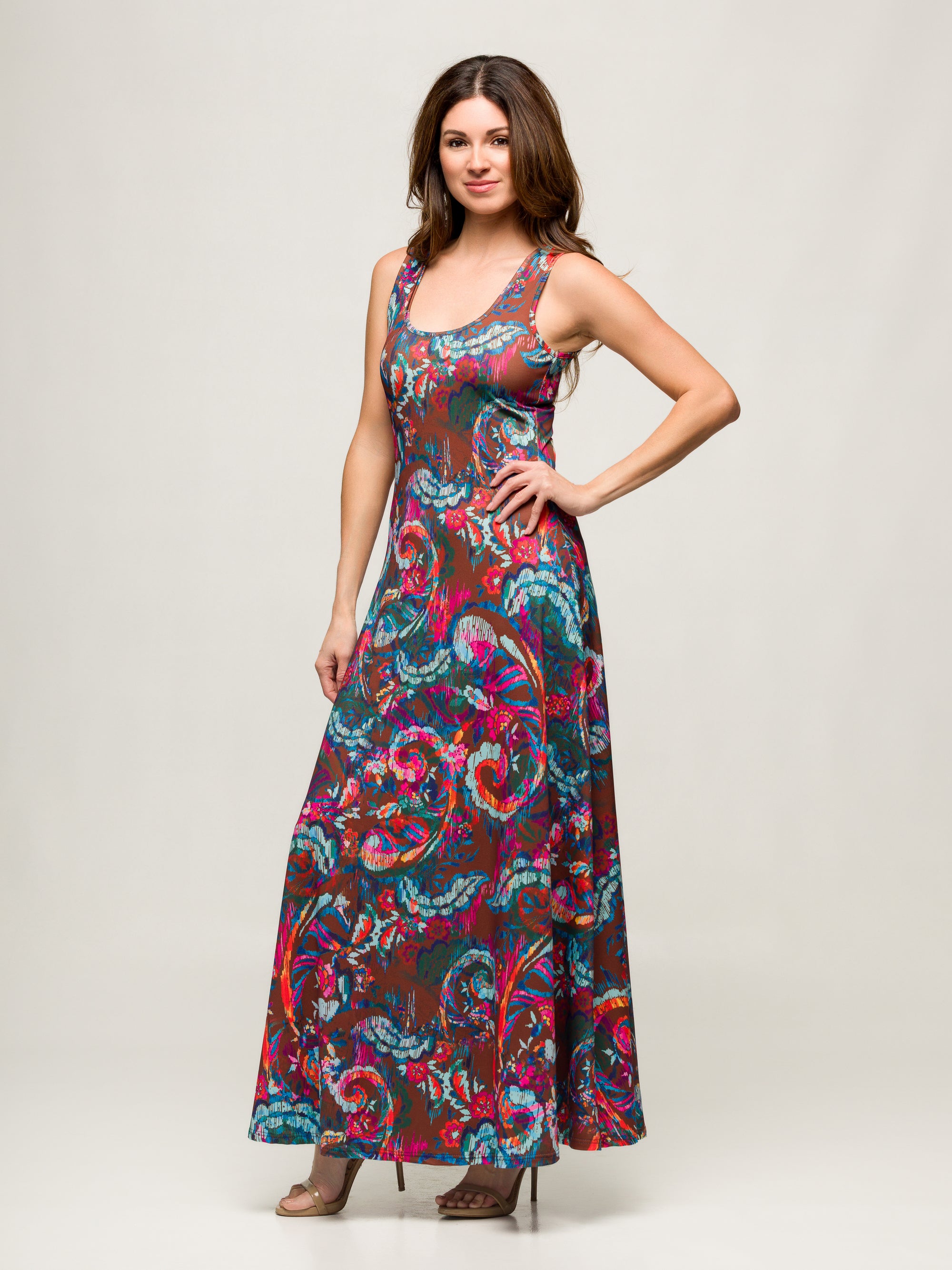 24seven Comfort Apparel Womens Pink and Brown Print Scoop Neck A Line Sleeveless Maxi Dress