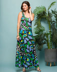 24seven Comfort Apparel Womens Blue Butterfly Print Scoop Neck A Line Sleeveless Maxi Dress