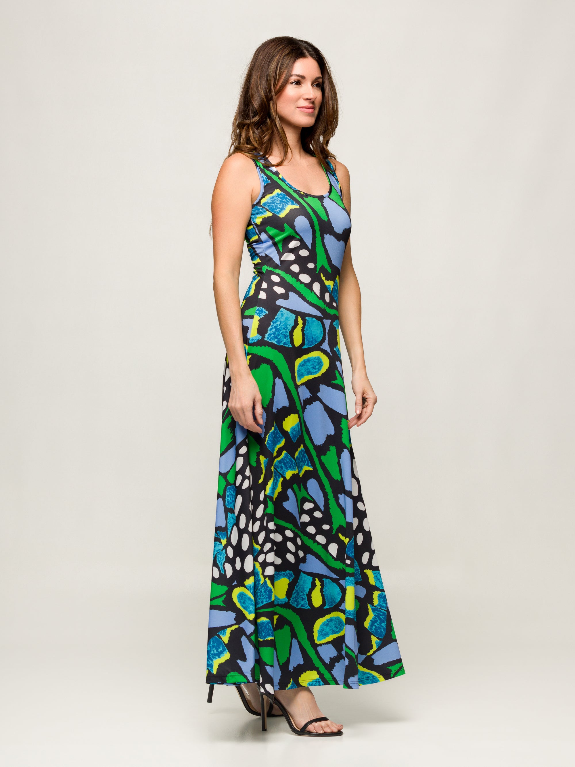 24seven Comfort Apparel Womens Blue Butterfly Print Scoop Neck A Line Sleeveless Maxi Dress