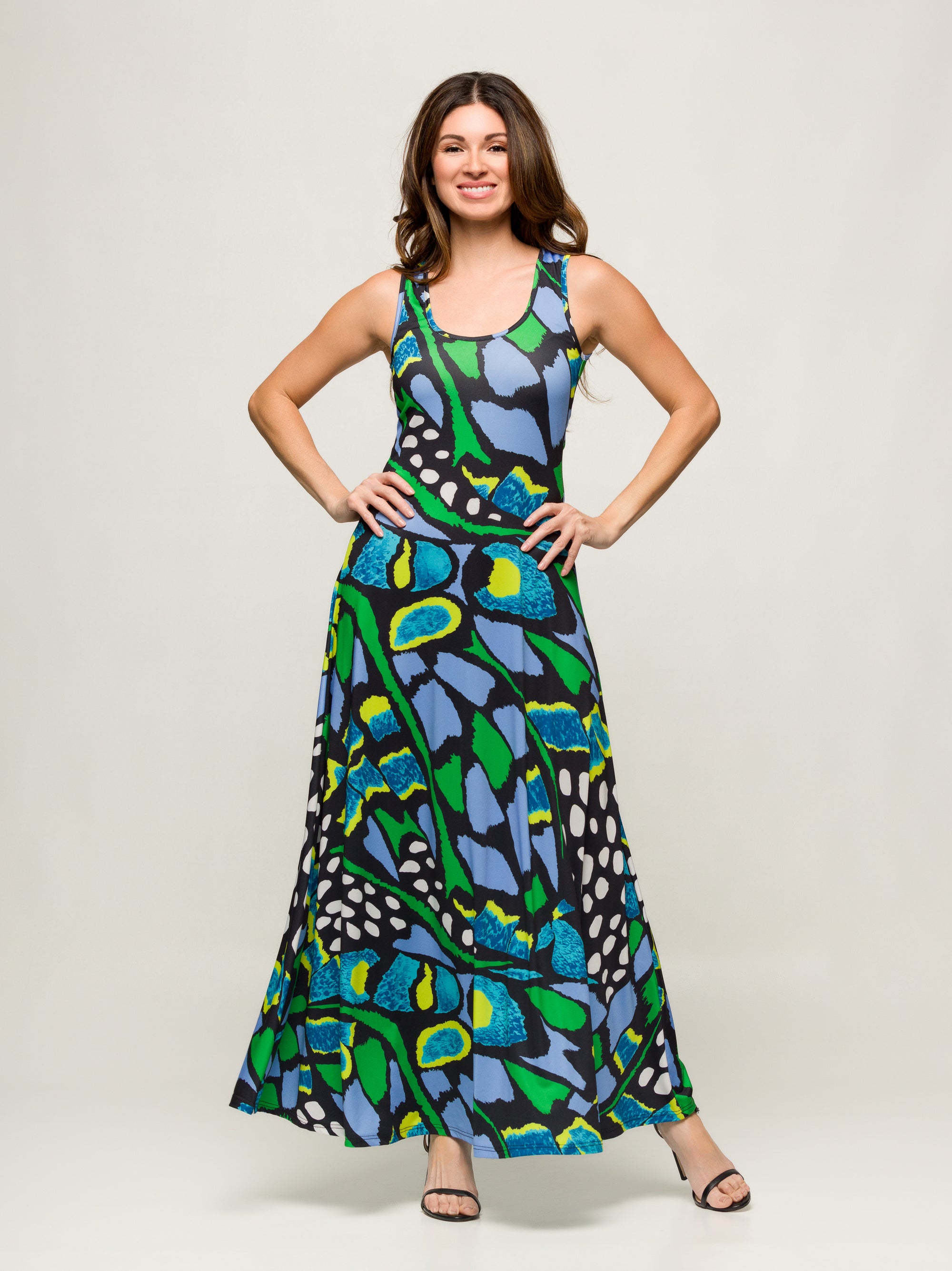 24seven Comfort Apparel Womens Blue Butterfly Print Scoop Neck A Line Sleeveless Maxi Dress