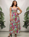 24seven Comfort Apparel Womens Hot Pink Paisley Print Scoop Neck A Line Sleeveless Maxi Dress