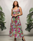 24seven Comfort Apparel Womens Hot Pink Paisley Print Scoop Neck A Line Sleeveless Maxi Dress