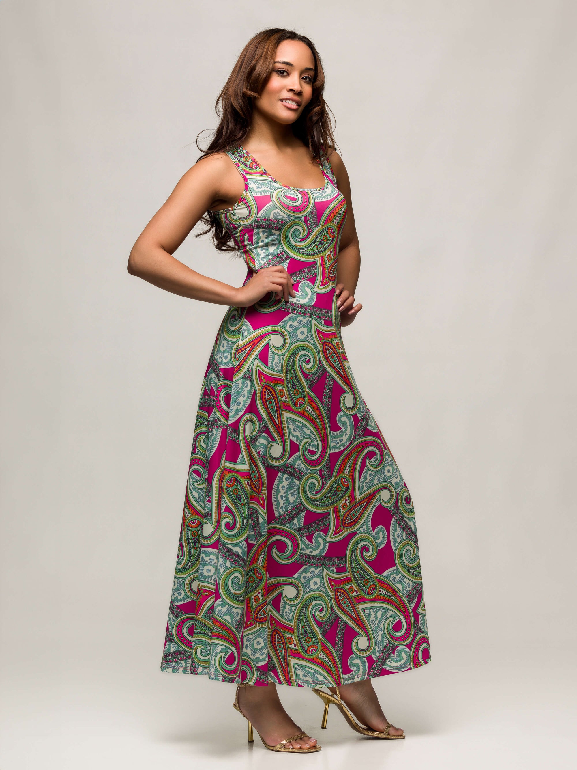 24seven Comfort Apparel Womens Hot Pink Paisley Print Scoop Neck A Line Sleeveless Maxi Dress