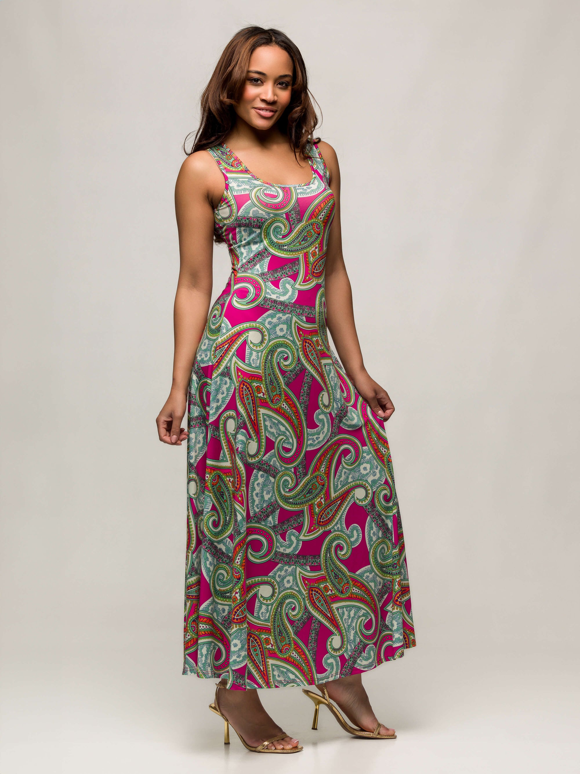 24seven Comfort Apparel Womens Hot Pink Paisley Print Scoop Neck A Line Sleeveless Maxi Dress