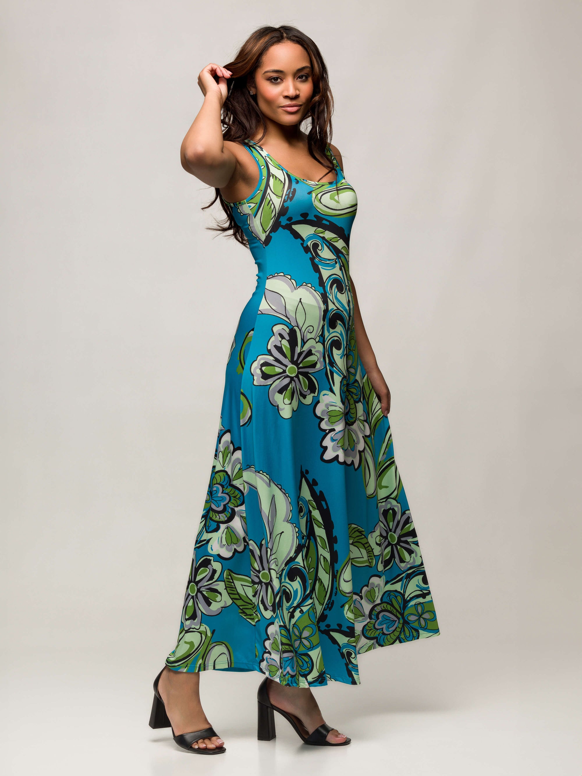 24seven Comfort Apparel Womens Blue Paisley Print Scoop Neck A Line Sleeveless Maxi Dress