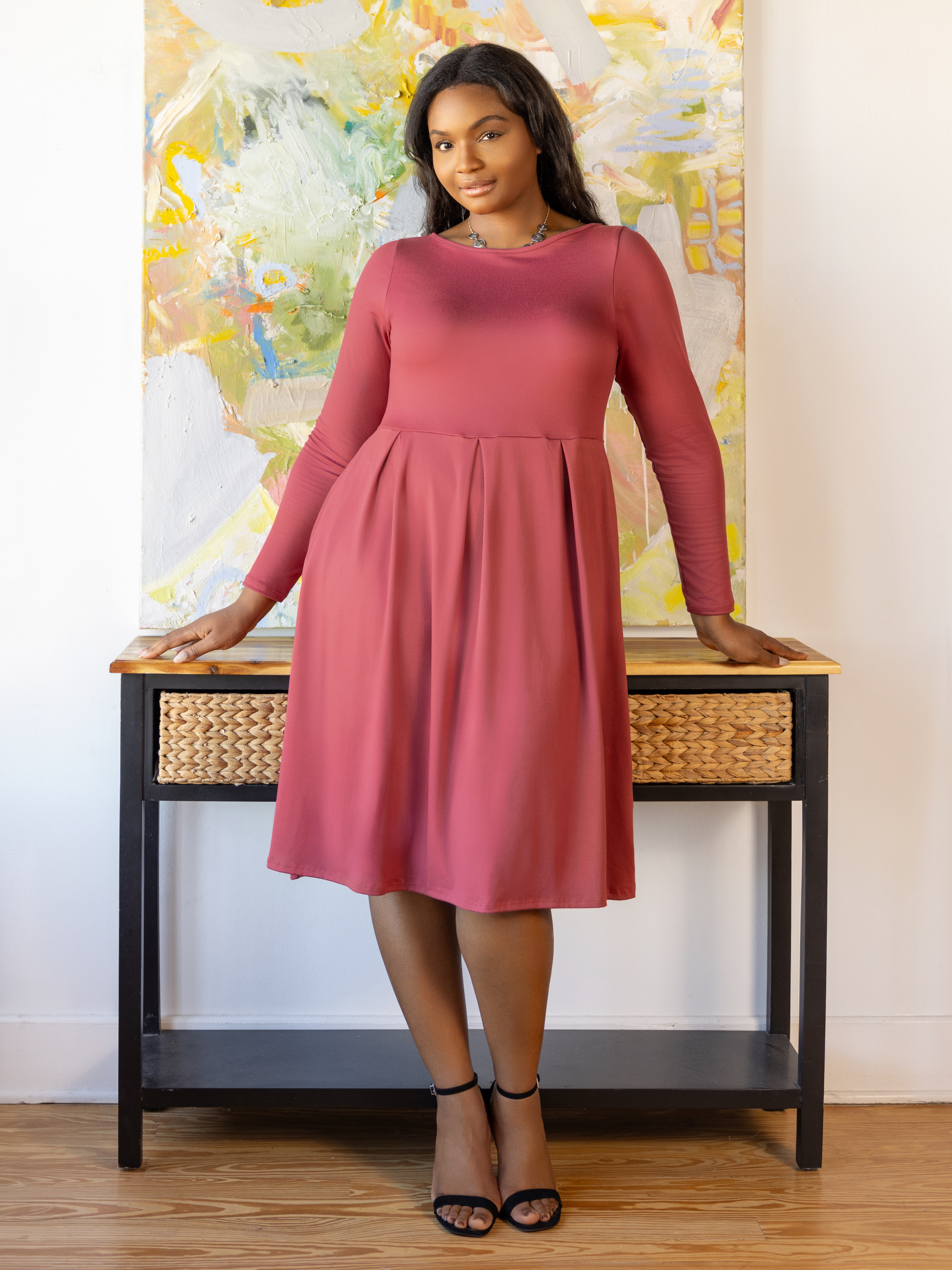 Long Sleeve Fit and Flare Plus Size Midi Dress