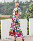 Womens Floral Print V Neck Empire Waist Kimono Cap Sleeve Maxi Dress
