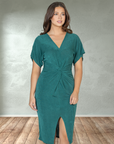 Womens Short Sleeve V Neck Twist Front Split Hem Dress