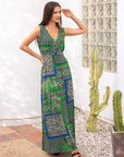 Womens Green Scarf Print V Neck Empire Waist Sleeveless Maxi Dress