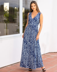 Womens Navy Abstract  Print V Neck Empire Waist Sleeveless Maxi Dress