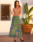 Green Scarf Print Elastic Waist Ankle Length Comfortable Maxi Skirt