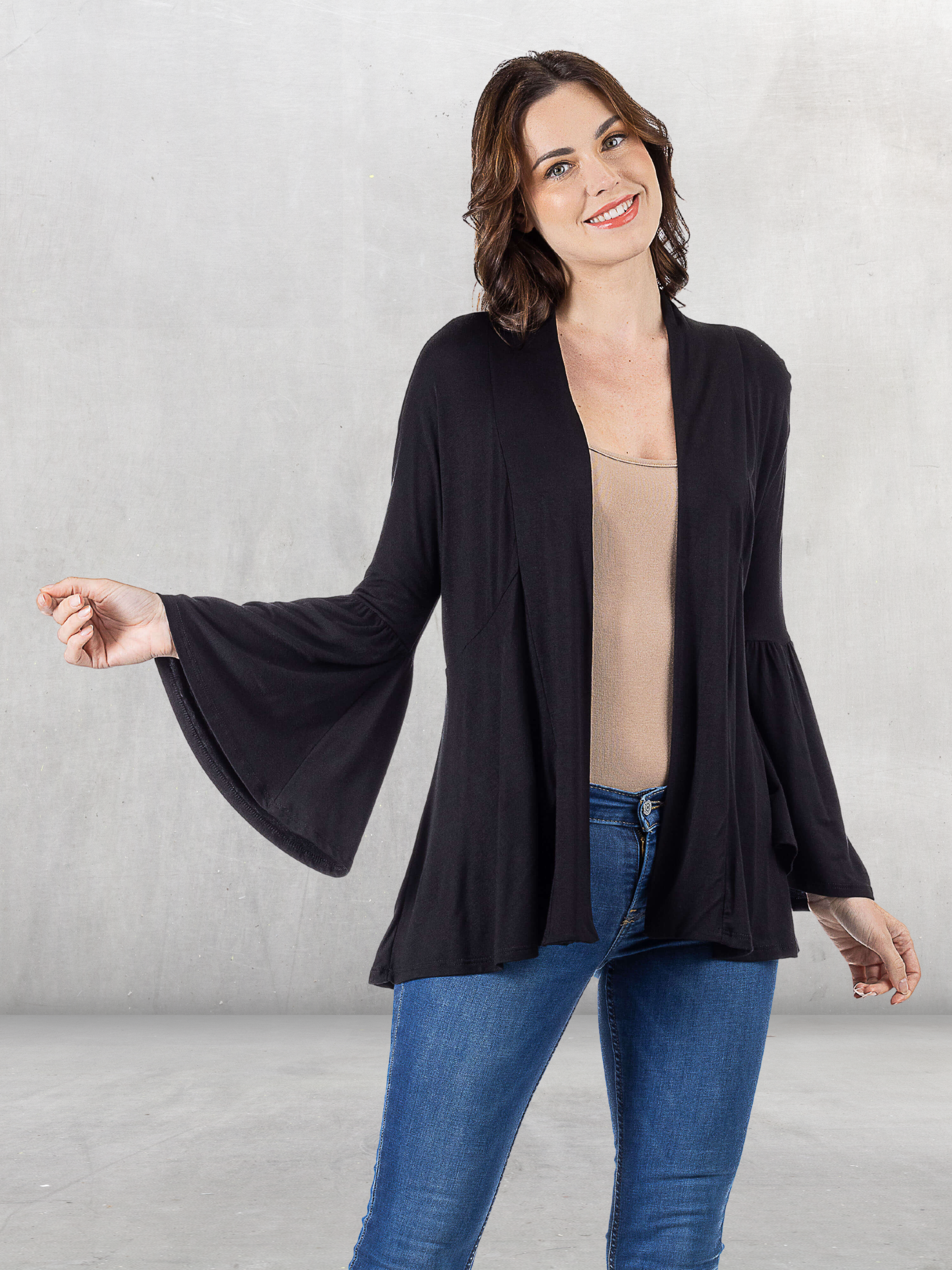 Bell Sleeve Flared Open Front Cardigan Black / L