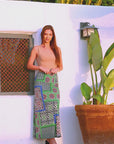 Green Scarf Print Elastic Waist Ankle Length Comfortable Maxi Skirt
