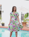 Womens Floral Print V Neck Empire Waist Kimono Cap Sleeve Knee Length Dress