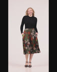 Green Print Elastic Waist Pocket Midi Skirt