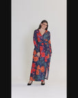 Plus Size Navy Floral Print Long Sleeve Side Slit Maxi Dress