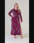 Magenta Print Long Sleeve Side Slit Plus Size Maxi Dress