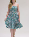 Womens Teal Floral Strapless Tube Top Flowy Knee Length Dress