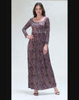 Fall Floral Long Sleeve Pleated Maxi Dress