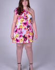Plus Size Pink and Yellow Floral Print One ShoulderRuffle Mini Dress