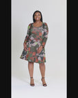 Plus Size Green Paisley Print Long Sleeve Knee Length Dress