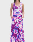Womens Casual Purple Floral Scoop Neck Sleeveless Maxi Dress With Pockets