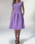 Womens Scoop Neck Knee Length Pleated Pocket Dress