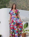 Womens Floral Print V Neck Empire Waist Kimono Cap Sleeve Maxi Dress