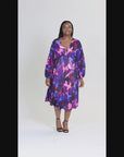 Plus Size Multicolor Pleated V Neck Empire Waist Bishop Sleeve Midi Dress