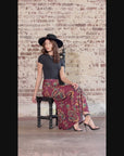 Wine Print Elastic Waist A Line Maxi Skirt