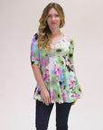 Pastel Color Floral Elbow Sleeve V Neck Henley Tunic Top