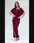 Womens Boat Neck Batwing Sleeve Slit Maxi Dress