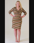 Fall Geometric Print Knee Length Faux Wrap Plus Size Dress