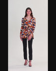 Orange Print Long Sleeve V Neck Tunic Top
