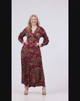 Wine Paisley Print Bishop Sleeve A Line Maxi Dress
