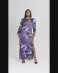 Plus Size Purple Paisley Long Sleeve Side Slit Fitted Maxi Dress