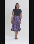 Plus Size Purple Print Elastic Waist Pocket Midi Skirt