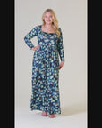 Blue Abstract Long Sleeve Pleated Plus Size Maxi Dress