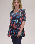 Womens Black Tulip Print Elbow Sleeve Casual Tunic Top
