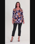 Blue Floral Long Sleeve V Neck Tunic Top